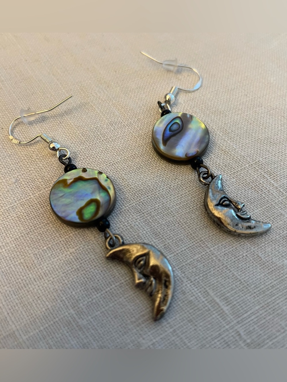 Abalone Shell Crescent Moon Earrings Celestial Dangle Witchy Boho Silver Tone